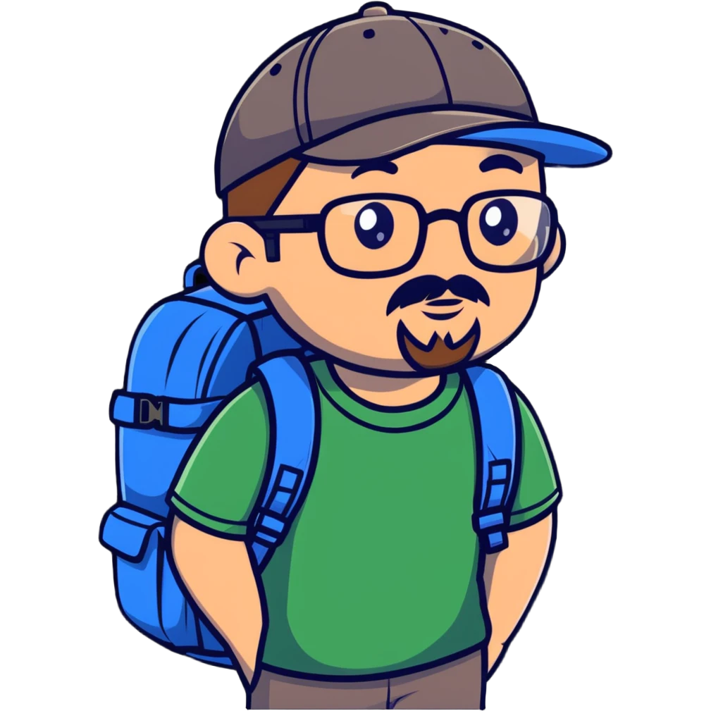 adventurer with goatee beard (no beard on cheeks), short hair, glasses, backwards baseball cap and backpack emoji