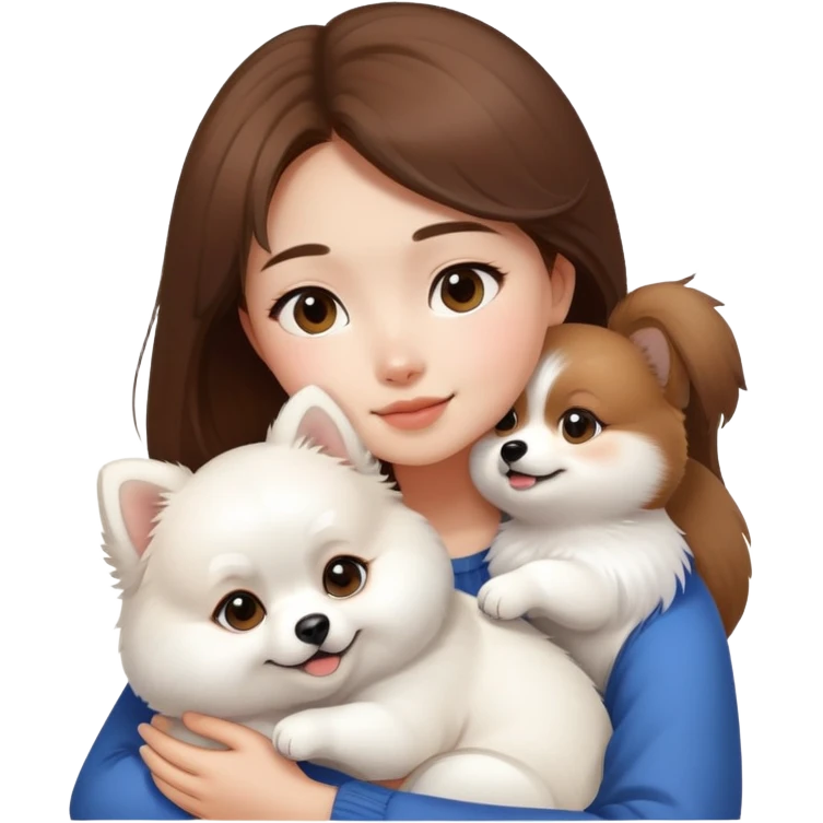 Asian brow hair girl hug white Pomeranian emoji