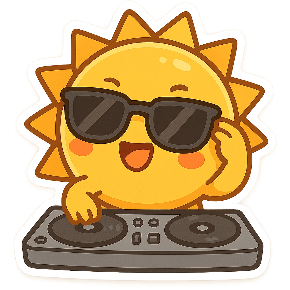 The Sun as a DJ, wearing sunglasses, playful and energetic, cartoon style, vibrant colors, chibi stickers style emoji