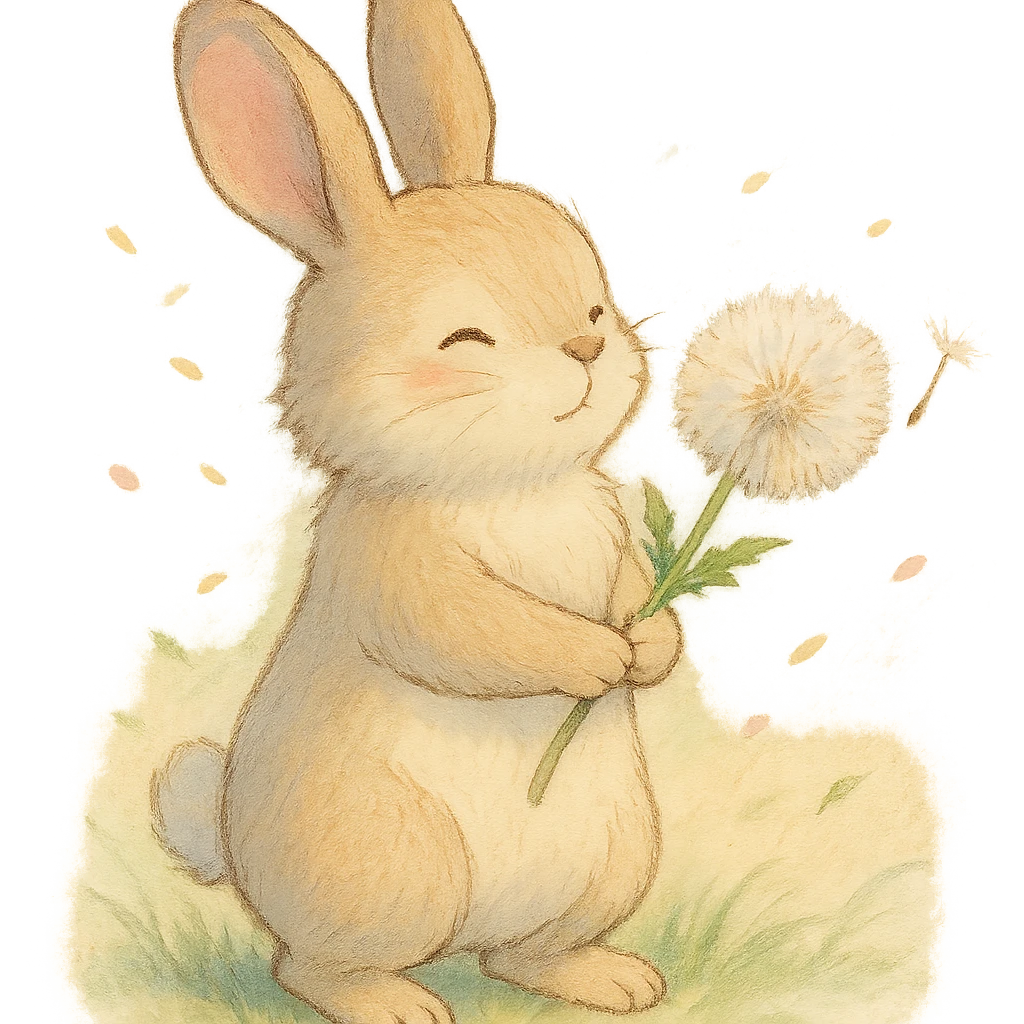 bunny holding a dandelion in the breeze, gentle spring vibe, soft pastel colors, soft Ghibli style emoji