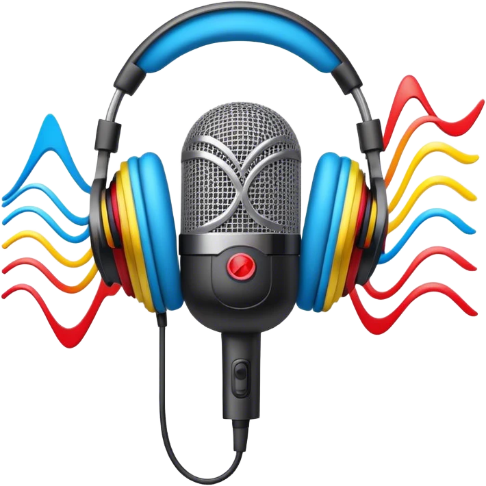Create a dynamic and energetic emoji that represents beatboxing. The design should feature a microphone with soundwaves or rhythmic beats emanating from it, symbolizing the vocal percussion and rhythm of beatboxing. Add subtle elements like headphones or a beat pattern to reflect the technicality and creativity involved. Use bold, vibrant colors like neon blue, red, and yellow to convey the energy and street culture of beatboxing. The background should be transparent. emoji