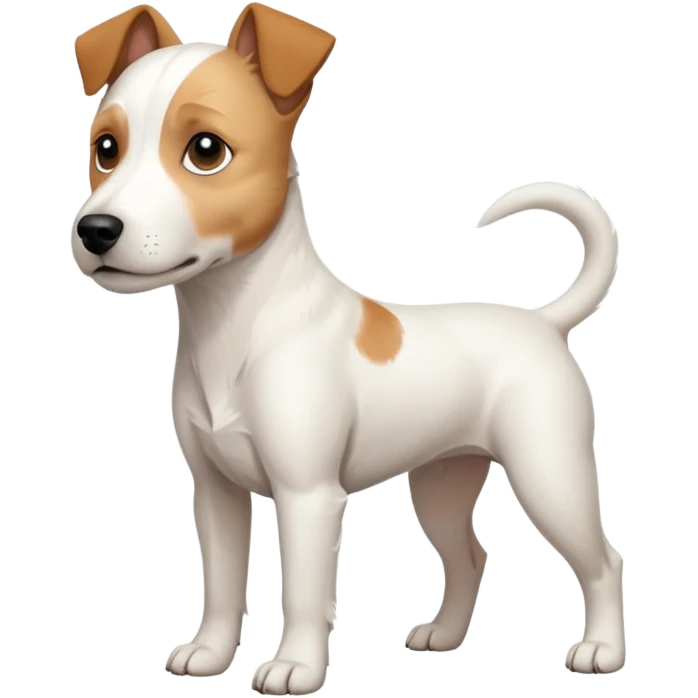 a full body facing front on of a buff white parson russell terrier looking dog the size of a kelpie with light brown long ears resting on its face and a light brown patch on one eye and a large snout. the rest of the dog is completely white.  emoji