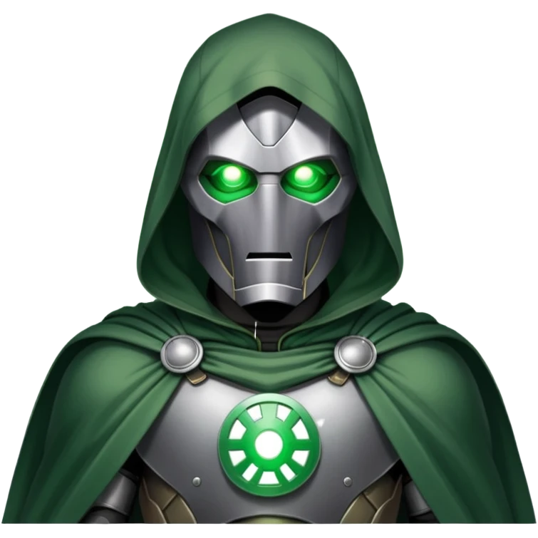Doctor Doom standing with glowing green eyes visible through his metal mask, wearing green cloak emoji