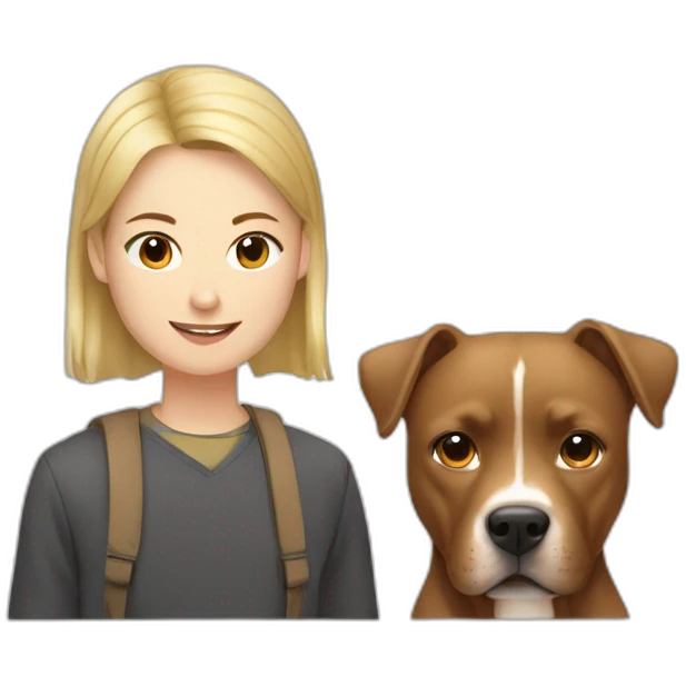 Young blonde man and Chinese lady with brown Staffordshire terrier dog emoji