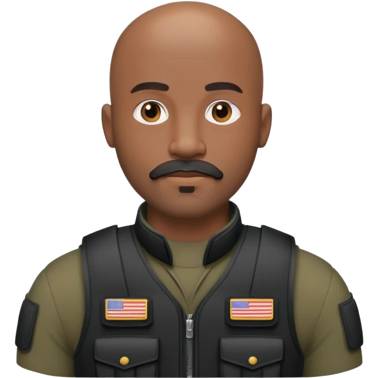black soldier bald head, short beard that connects seamlessly to his mustache,  in black bulletproof vest emoji