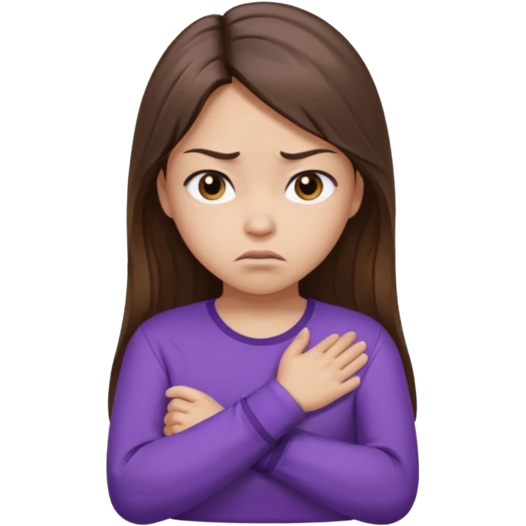 Angry Pouty girl with small asian eyes folding arms in a purple longsleeve shirt she has fair skin and long length brown hair with highlights emoji