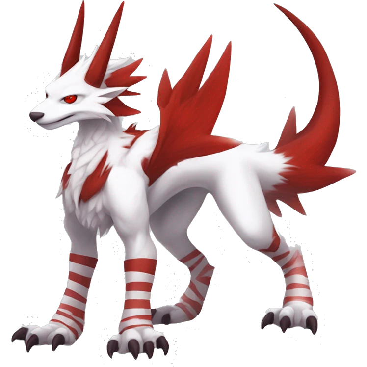 White edgy cute badass epic anthro modern albino sergal-vernid-Fakémon with red mane and red eyes, red stripes, red horns,  full body emoji