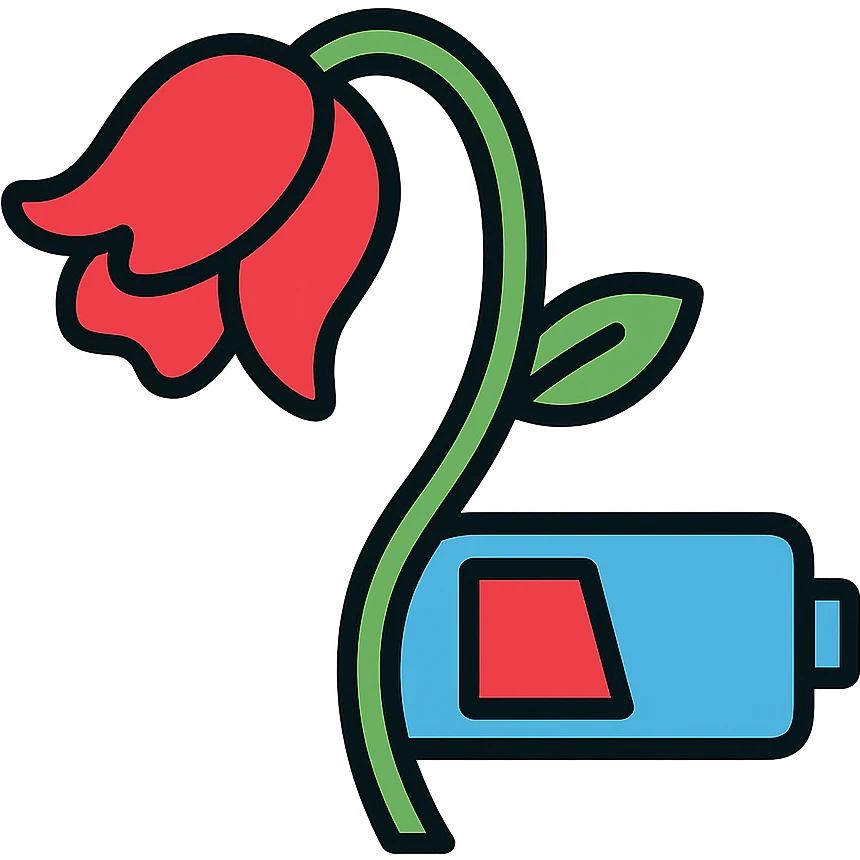 Combined icon of a wilted rose flower with a low battery symbol incorporated into the stem emoji