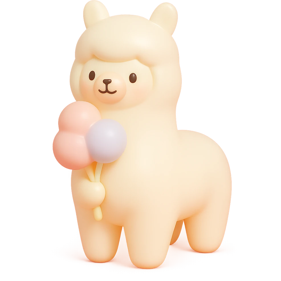 alpaca holding cotton candy bouquet in vinyl figure style emoji