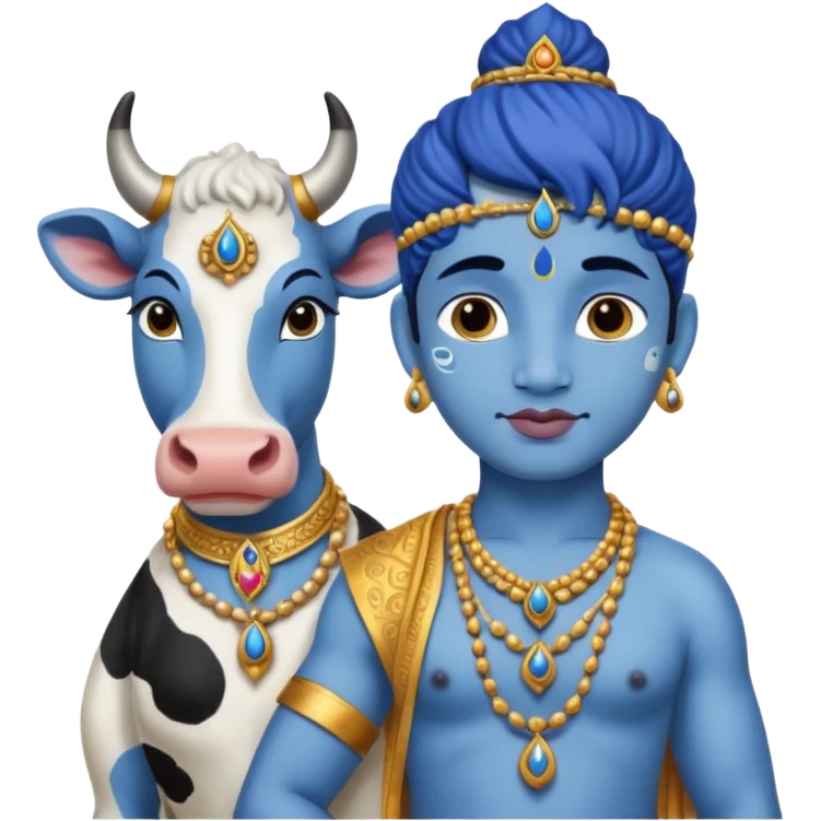 Krishna, standing with cow, blue skin, traditional attire emoji