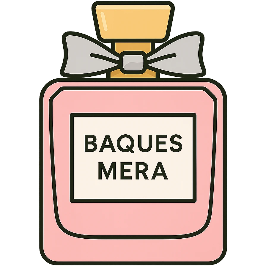 Make the pink perfume bottle more elegant inspired by the Miss Dior design, with a refined bow and delicate details, on a white background. Keep the text 'bagues mera' visible on the bottle. emoji