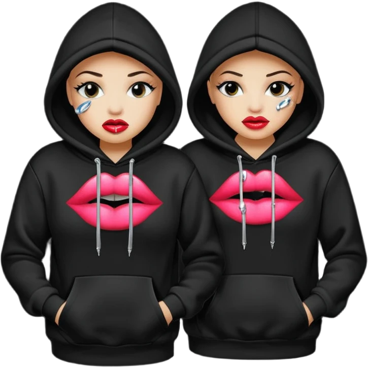 Realistic Isolated pair of black hoodie with baddie lips print on front with rhinestones  emoji