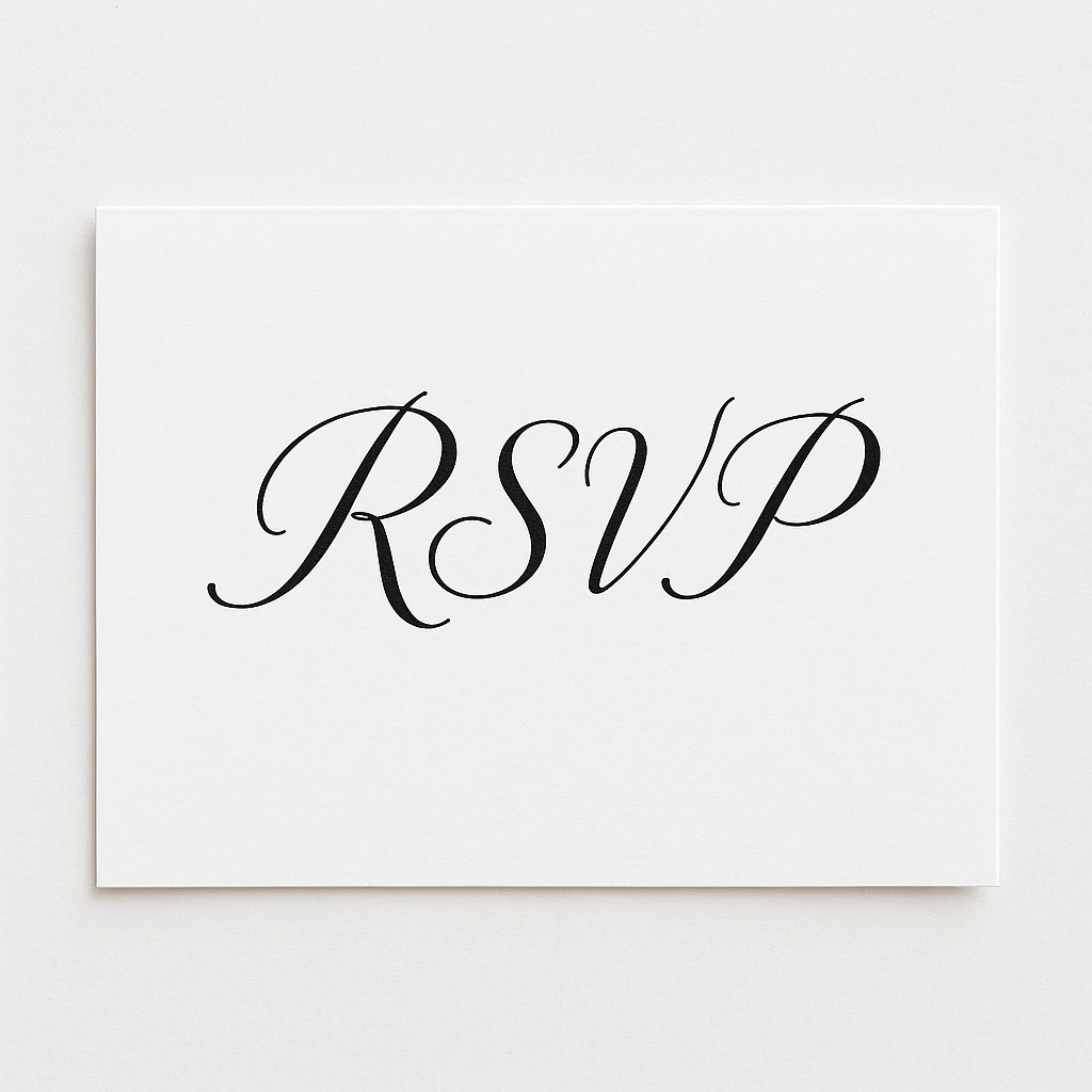 a white card with RSVP written in elegant script, minimal design emoji