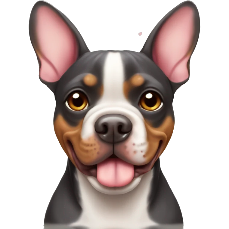 Doberman-colored French bulldog with hearts around him emoji