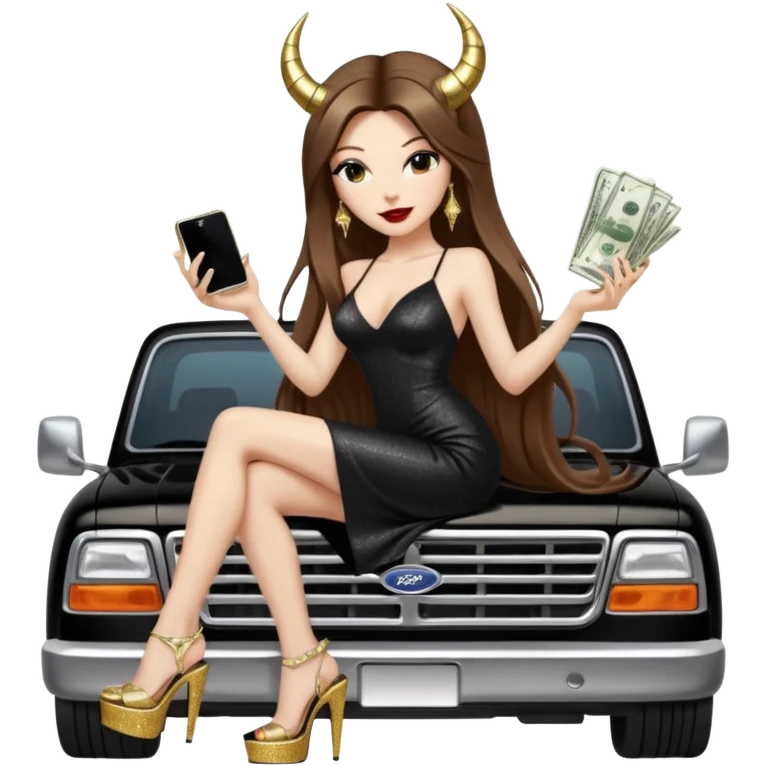 Sensual queen long brown straight haired sexy drug lord woman with  glitter platform high heels on her feet,  and devil black horns on her head, holding a stack of cash, has a phone in other hand. Sitting on the hood of a  gold ford350 pickup truck  full of drugs, long black dress with sexy slit emoji