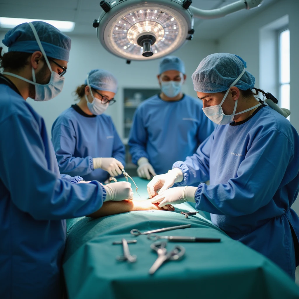 clinical scene: medical team working on a patient lying down, surgeon repairing arm ligaments, assistants and surgical instruments in foreground, bright environment, 4K quality emoji