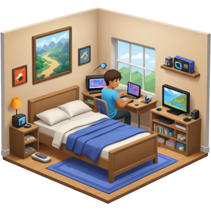 Teenage boy's ultra detailed bedroom interior isometric emoji
