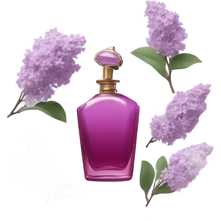 Aesthetic arrangement of pale violet lilacs with a retro-style deep pink perfume bottle.
 emoji