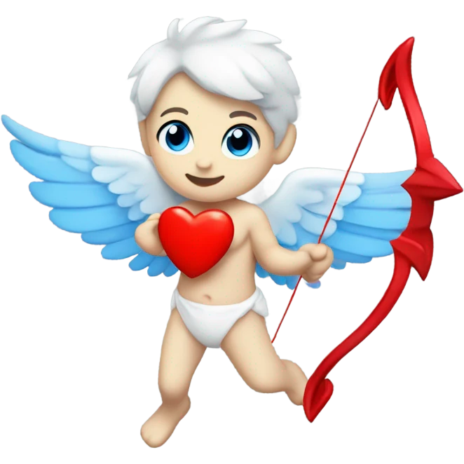 Realistic Photo of flying pale cupid with blue eyes and red heart arrow  emoji