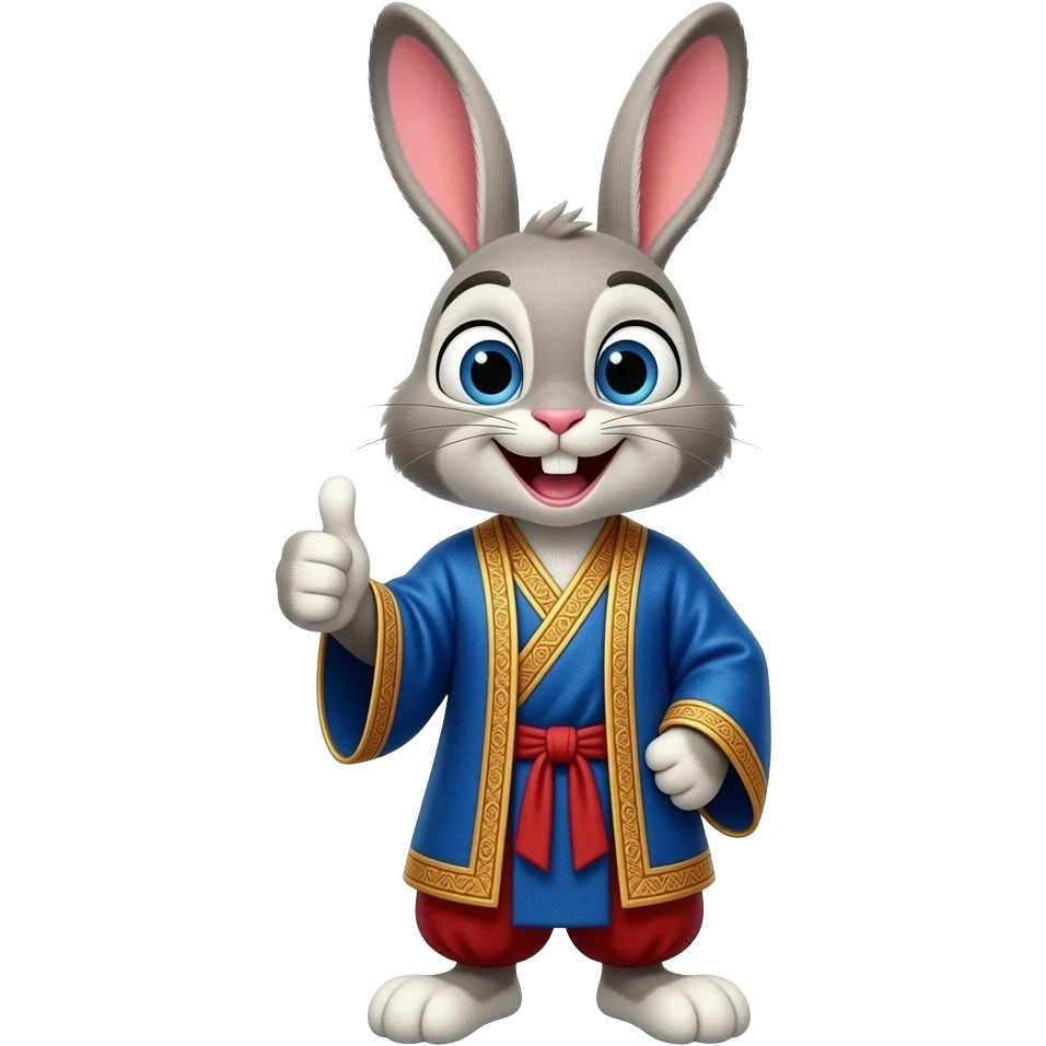 A bunny wearing spiritual clothes color blue and red color, face looiking excited and happy showing thumbs up emoji