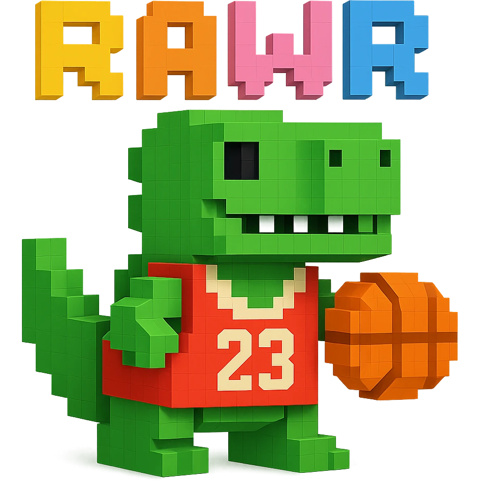 надпись "RAWR" и динозавр с баскетбольном мячом в майке с надписью "23", no background emoji