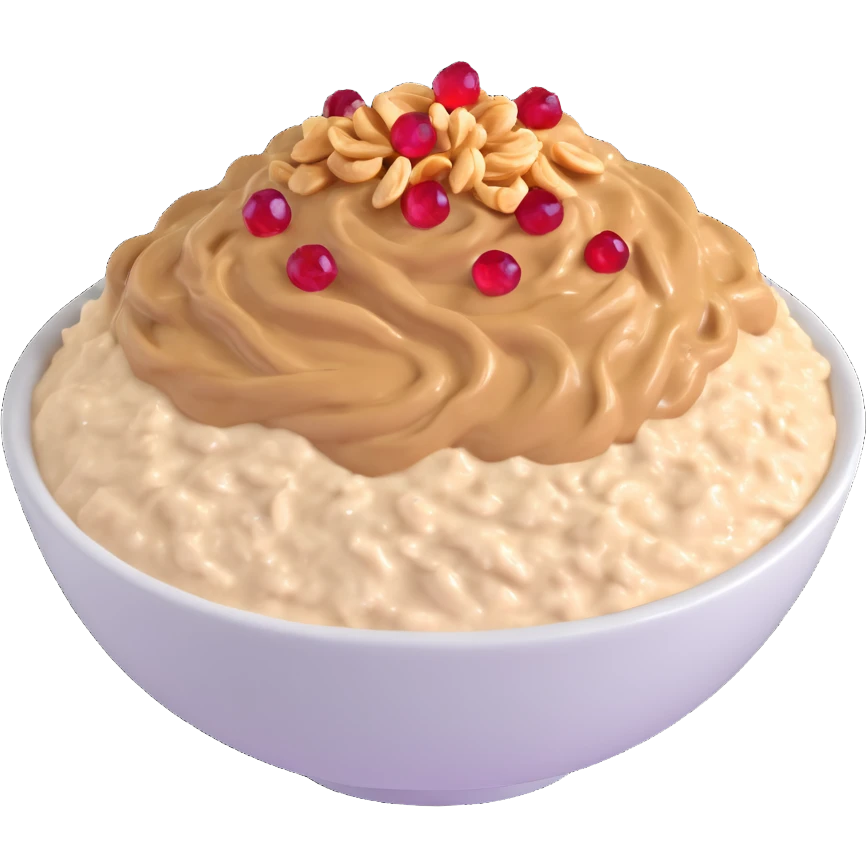 bowl of creamy oatmeal topped with swirls of peanut butter, shredded coconut, and ruby red pomegranate seeds emoji
