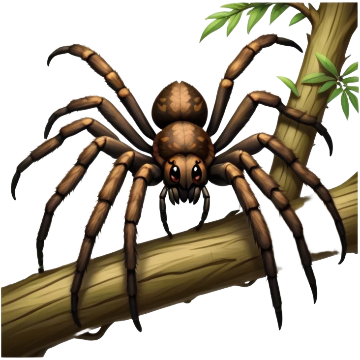 Giant tarantula spiders in their natural habitat, with detailed hairy legs and large bodies, perched on branches in a lush forest environment. Soft, natural lighting enhances their features. Transparent background. emoji