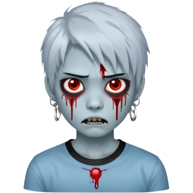  3D emoji-style avatar with very pale blue-grey zombie skin , a young Asian face, and large eyes with blood tears. Give it white litle bit messy mullet hair style , silver hoop earrings, and a plain black T-shirt. The face expression should be slightly angry, with vampire fang emoji