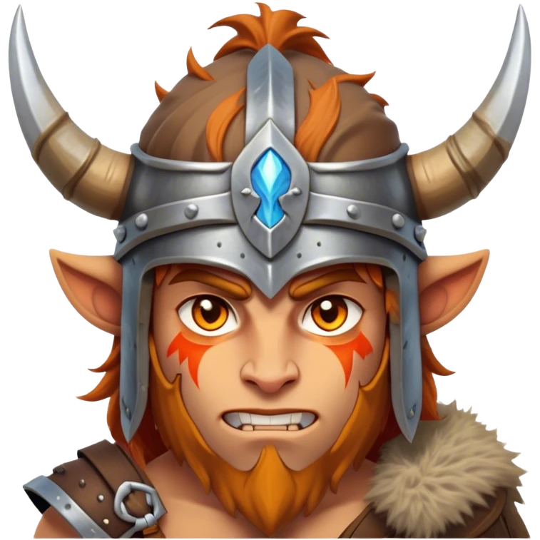 Clash of Clans aesthetic: Cinematic Fierce Barbarian Portrait Emoji, Poised and bold with a rugged yet cartoonish build in tattered furs and a horned helmet, his exposed skin a rich tan, expressive bright eyes and a confident smirk, Simplified yet dynamic features, highly detailed, glowing with a vivid, adventurous aura, high shine, heroic and spirited, stylized with an air of medieval warrior charm, focused and energetic, soft glowing outline, capturing the essence of a fearless barbarian adventurer ready to lead his clan with spirited valor! emoji