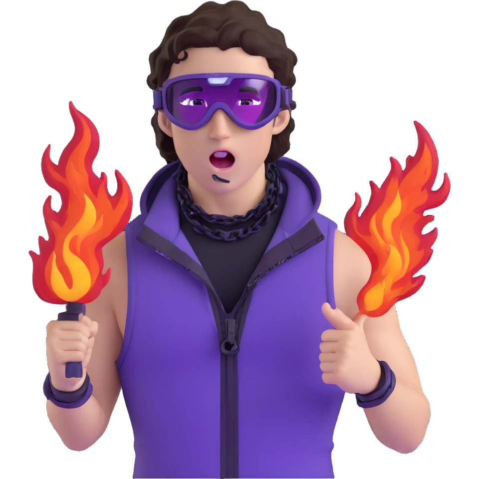 close-up of bad guy male athlete with white skin and moderately curly dark brown hair on top with shaved sides, wearing ski goggles with purple frames and very dark black lenses, a simple plain black chain necklace, and a completely unzipped sleeveless vest with purple and black sequin fire pattern design with no logo, pulling his tongue out very far in an exaggerated mocking gesture, looking menacing and villainous emoji