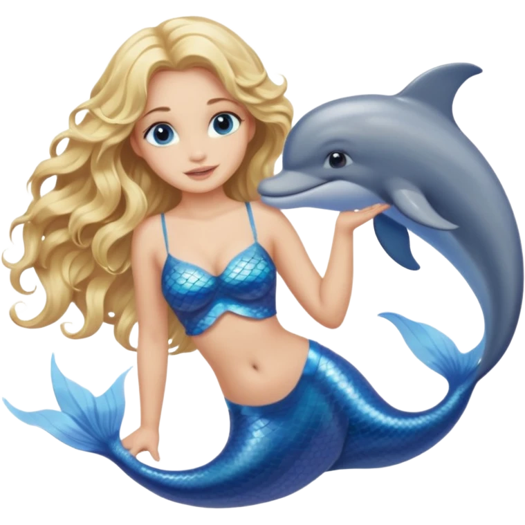 Adult mermaid with blonde wavy hair, light skin, with a dolphin emoji