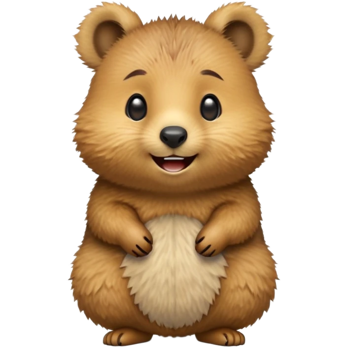 cinematic-quokka-realistic-emoji -hunched-over-emoji,-small-round-frame-balanced-on-tiny-strong-hind-legs,giant-fluffy-cheeks-large-smile-fluffy-brown-fur-radiating-a-warm-softness,-big-round-eyes-filled-with-joy, realistic emoji emoji
