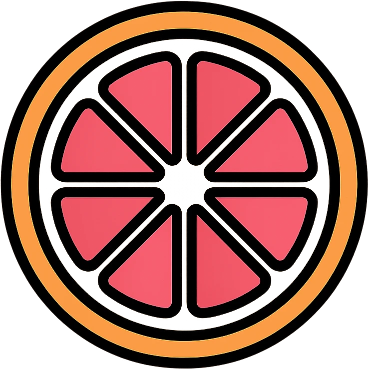 outlined icon of a pink grapefruit slice, top-down view, minimal and clean design, 3-4 colors, orange, white, and pink palette emoji