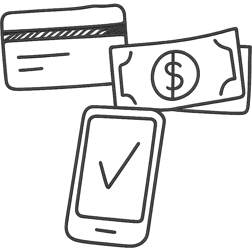 hand drawn outline icons of payment methods: credit card, cash, phone emoji