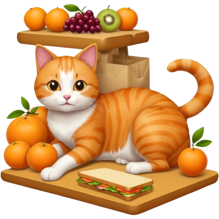 Cat in a grocery store on the floor with fruit and sandwiches  emoji