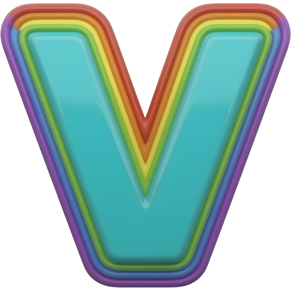 Letter "V" in bright blue teal green 3D style typography lettering, each color of the rainbow as a border outlined around each letter, isolated, 3d rendering, no emoji icons no emoji faces and must have no human figures emoji