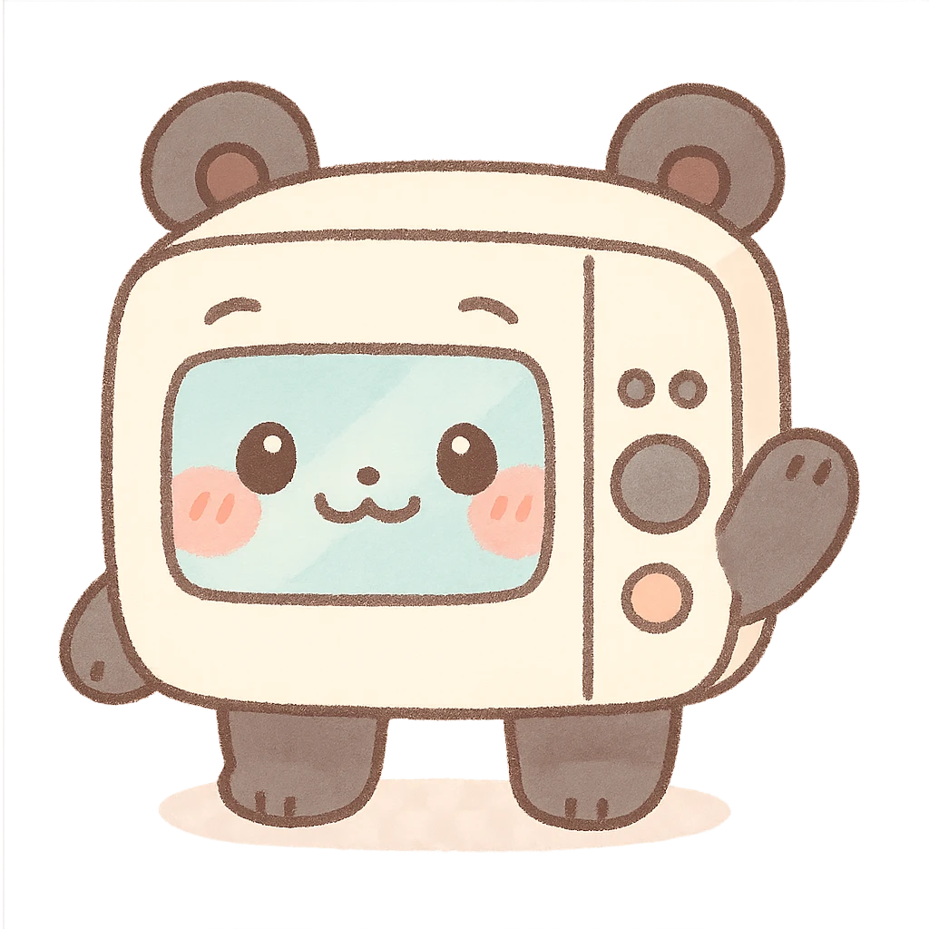 chibi-style microwave oven as a fluffy panda, blushing, waving, soft pastel palette, full-body emoji