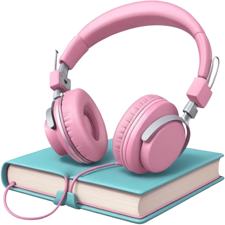  pink pair of modern headphones resting on top of a closed book, soft shadows, realistic style, calm and cozy mood, isolated on transparent background emoji