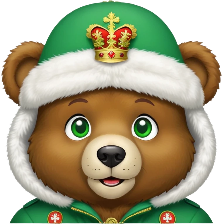 Sweet brown teddy bear face with friendly expression and bright green eyes, snow white furry ushanka hat with detailed Russian Federation coat of arms, iOS emoji style emoji