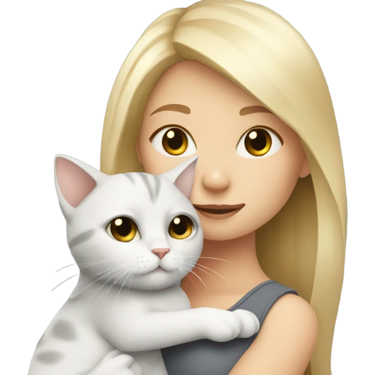 Blonde girl cuddling with grey and white small cat emoji