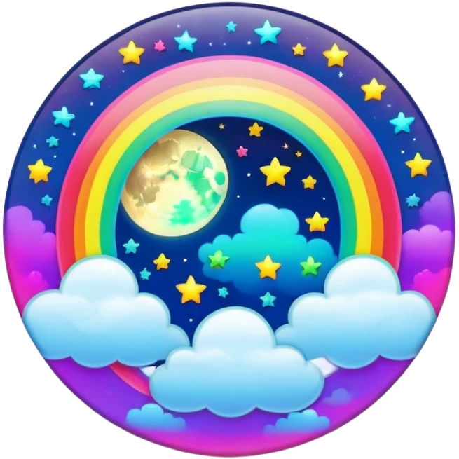 Beveled button with shine, Neon rainbow colored damask style full moon with stars and clouds in the center emoji