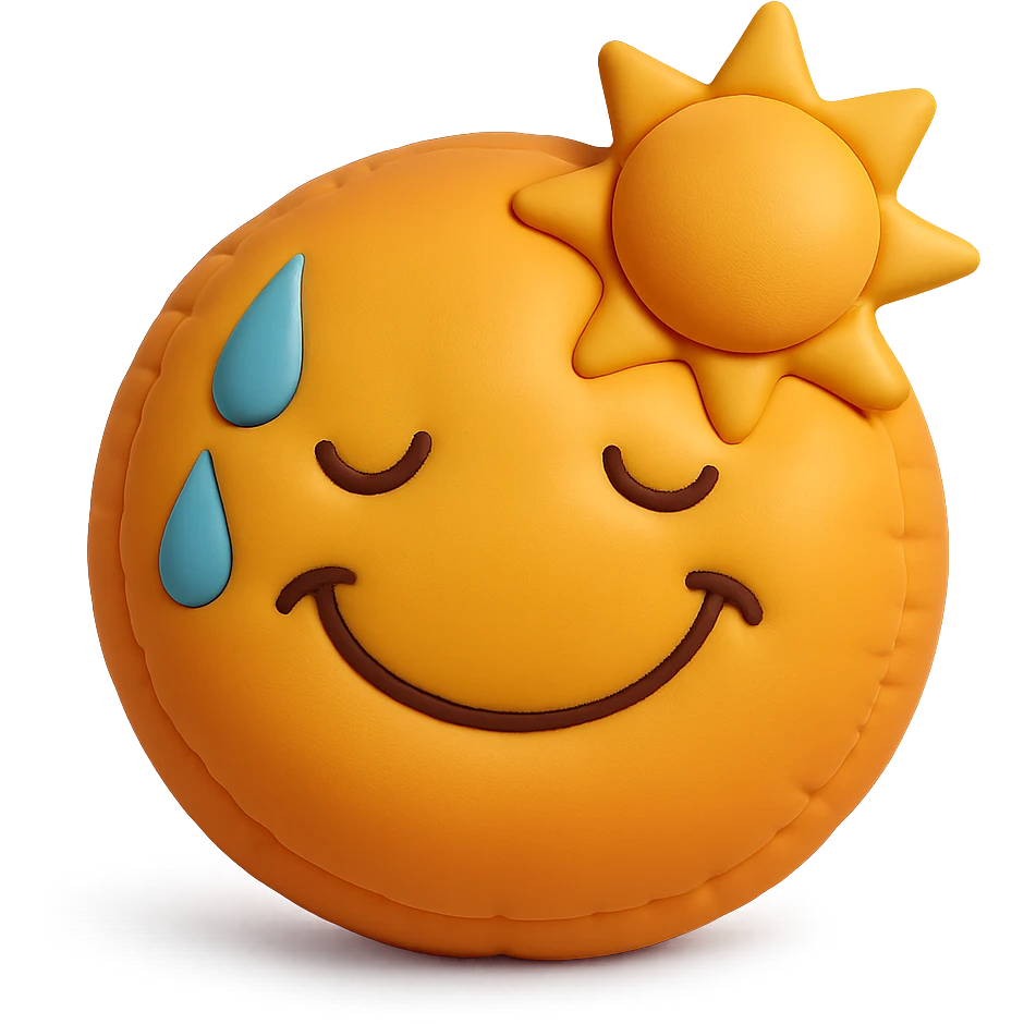 plush face with sweat and sun, hot weather, warm colors, soft cushion style emoji