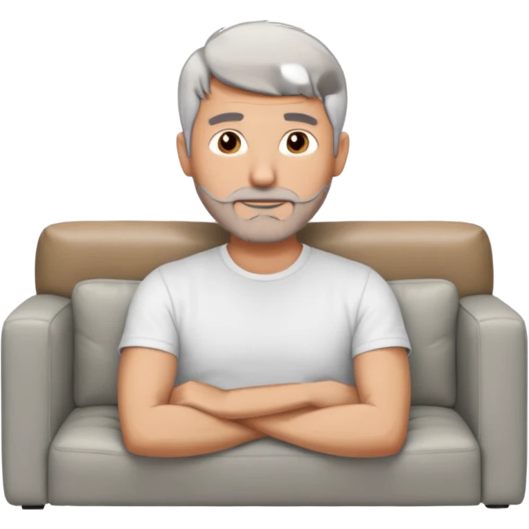 a 50 yo man short grey hair stubble beard laying on a ottoman of a light grey cord couch emoji