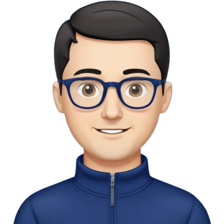 Caucasian man with very short black hair (close-cropped buzz cut), short beard with gray streaks, large black eyeglasses, cheerful expression, navy blue long sleeve sweatshirt with quarter zip emoji
