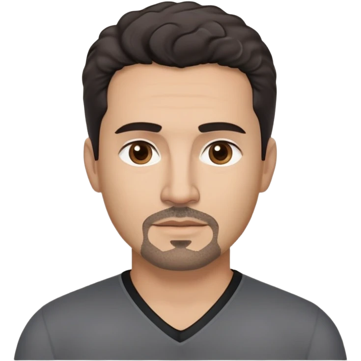 Hispanic man in his 40s with light tan skin. Square face with defined jawline. Warm dark brown eyes with calm gaze. Neutral friendly expression. Thick natural eyebrows. Black goatee with subtle gray hairs. Short curly dark hair with slight receding hairline. Wearing a black V-neck shirt. emoji