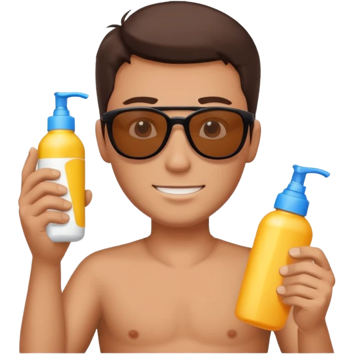 
male brunet suncream bottle and sunglasses, with sun burned emoji
