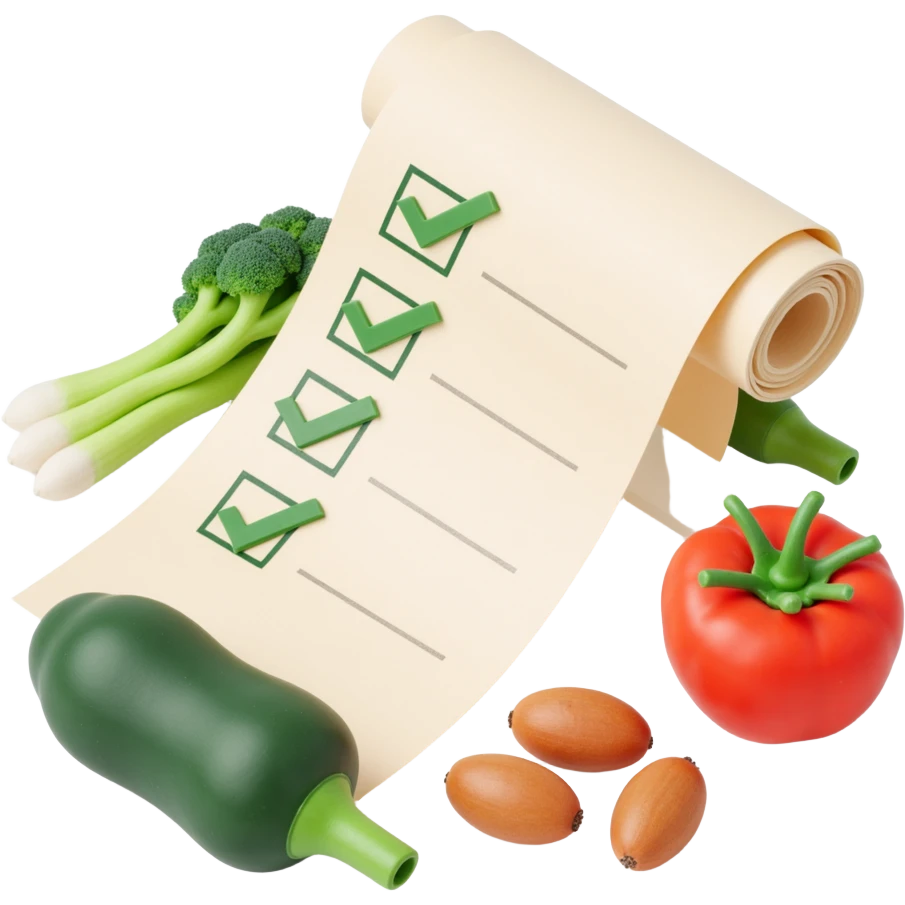 floating rolled paper list with green checkboxes and around vegetables emoji