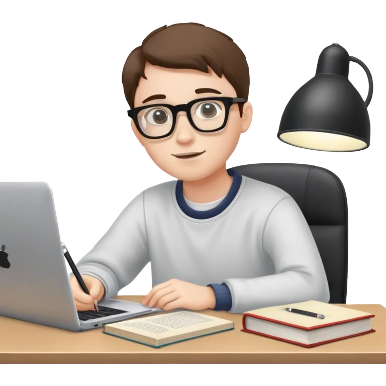Student with glasses studying at desk with books and laptop emoji