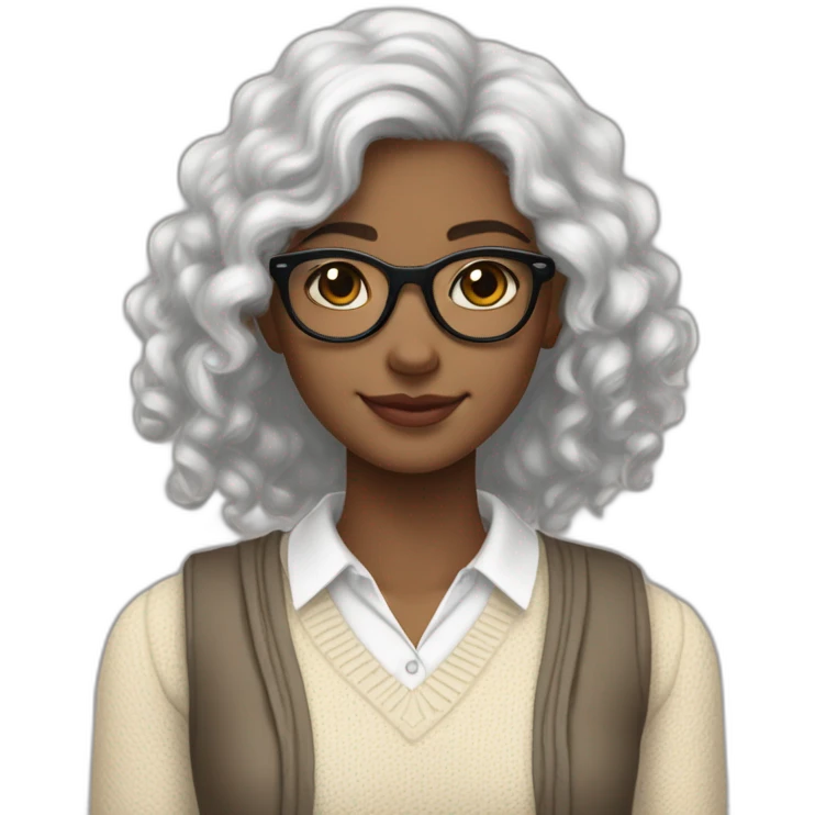smiling dark skin indian teenage girl with black curly hair and glasses wearing a collared long sleeve white shirt under a beige v shaped collar sweatervest with no buttons emoji