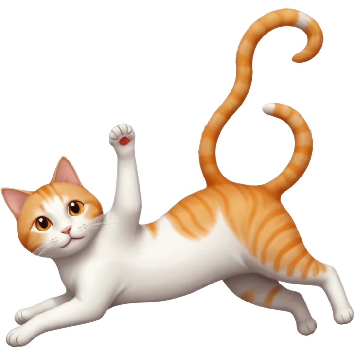 ginger and white cat with orange eyes doing a big extremely long stretch reaching up into the air with arms and legs side by side together straight and overextended whilst lying on its side emoji